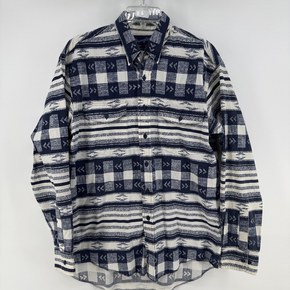Wrangler Shirt Mens Large Blue White Stripe Aztec Western Button Up Long Sleeve